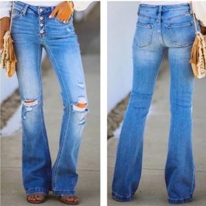 New KanCan Distressed Button Fly Flare Leg Jeans Bell Bottoms
